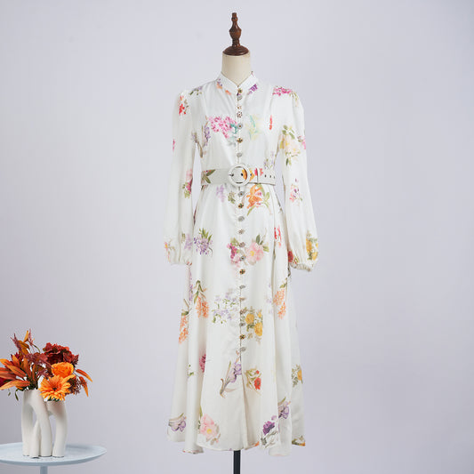 Women Spring Long Sleeve Floral Single Breasted Dress Long Print With Belt Dress