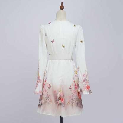 Robe fleurie à manches longues et simple boutonnage pour femme