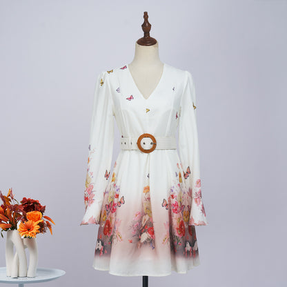 Robe fleurie à manches longues et simple boutonnage pour femme