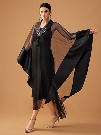 Robe de soirée cocktail pour femme Mid East Wind Strass Col en V Manches longues Robe cape deux pièces