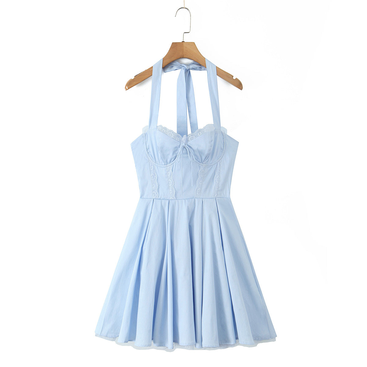 Women Blue Halter Dress Fitted Waist Backless Sweet Pettidress