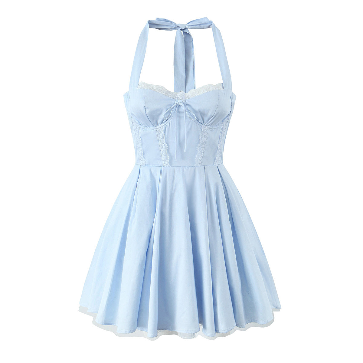 Women Blue Halter Dress Fitted Waist Backless Sweet Pettidress