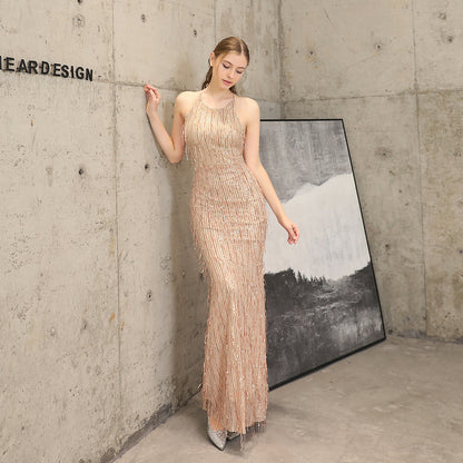 Sequin Fishtail Cocktail Elegant Graceful Annual Meeting Host Car Model Party Dress Women Autumn