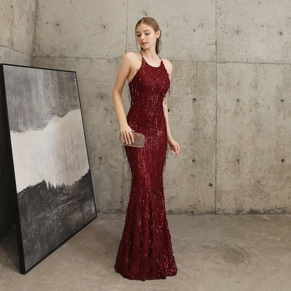 Sequin Fishtail Cocktail Elegant Graceful Annual Meeting Host Car Model Party Dress Women Autumn