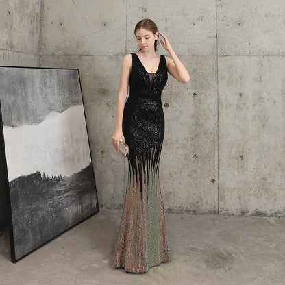 High-End Evening Dress Female Banquet Socialite Sequined Long Annual Meeting Fishtail Slim-Fit Host Winter Former length