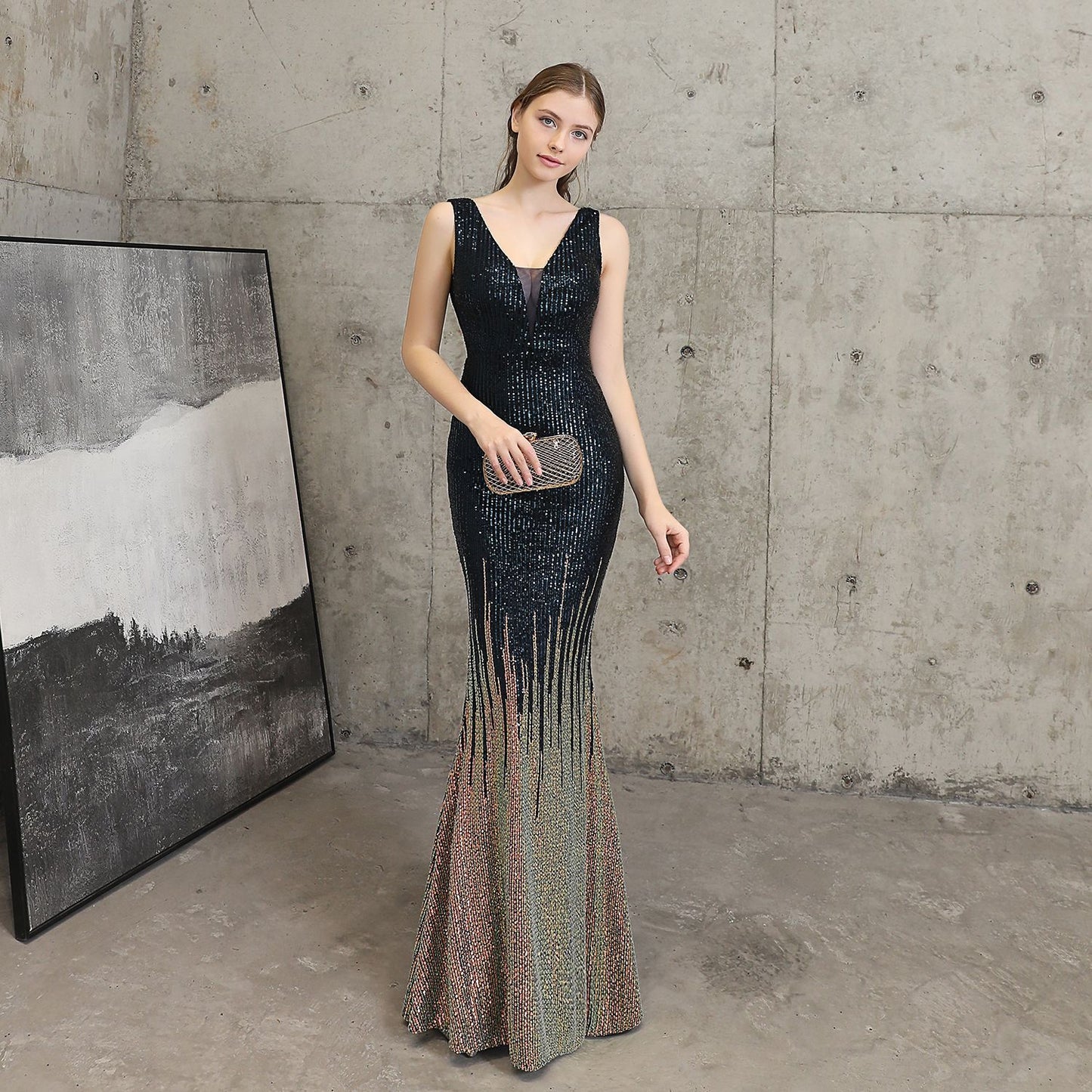 High-End Evening Dress Female Banquet Socialite Sequined Long Annual Meeting Fishtail Slim-Fit Host Winter Former length