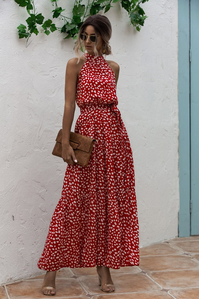 Vestido atado al cuello con estampado de lunares