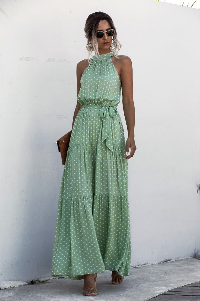 Robe nouée dos nu imprimée à pois