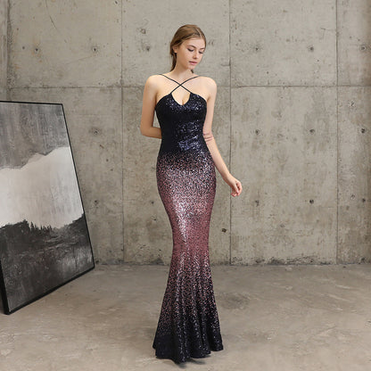 Sequined Evening Party Dress Long Cocktail Slim Fit Fishtail Elegant Socialite Party Annual Meeting Host