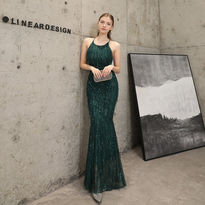 Sequin Fishtail Cocktail Elegant Graceful Annual Meeting Host Car Model Party Dress Women Autumn