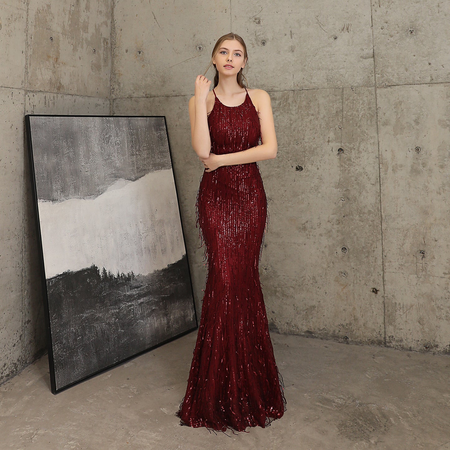 Sequin Fishtail Cocktail Elegant Graceful Annual Meeting Host Car Model Party Dress Women Autumn