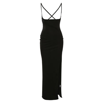 Autumn Winter Women Sling Criss Cross Backless Sexy Slit Slim Dress for Women