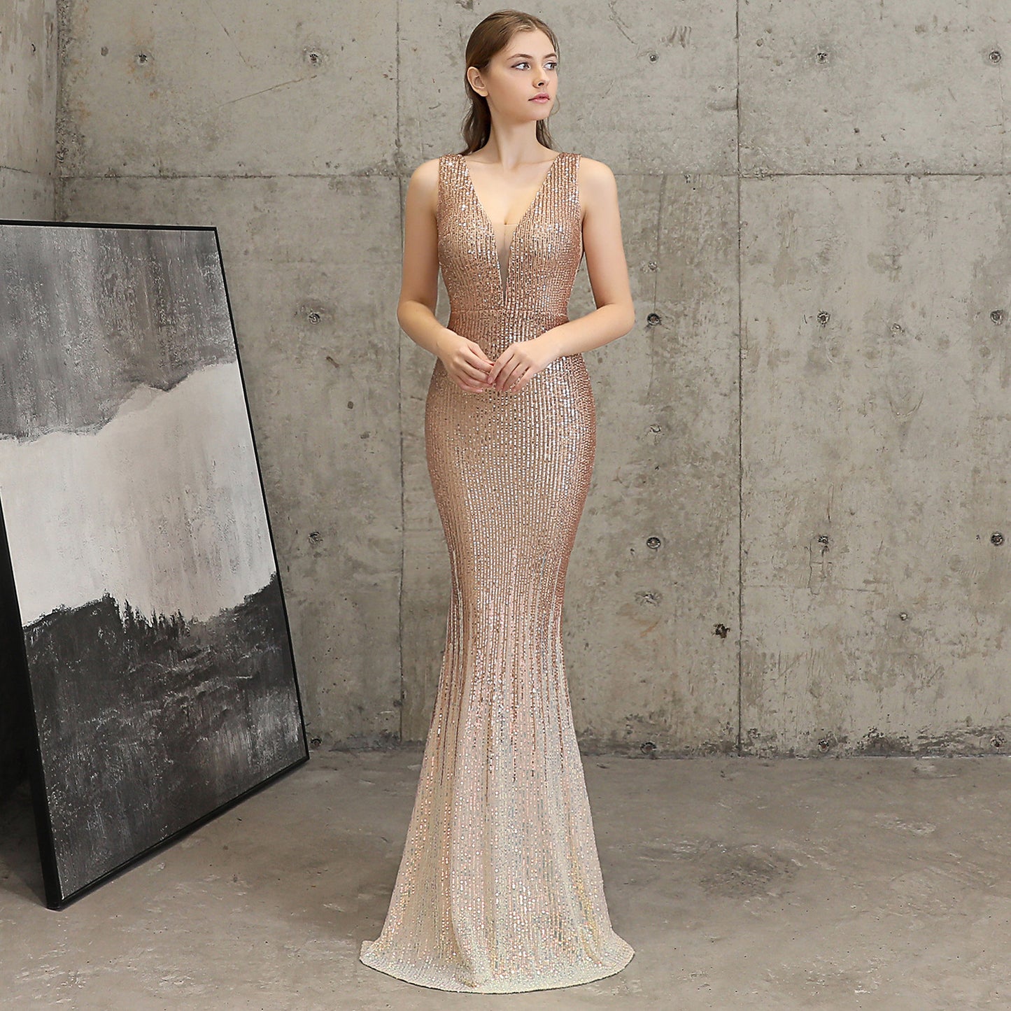 High-End Evening Dress Female Banquet Socialite Sequined Long Annual Meeting Fishtail Slim-Fit Host Winter Former length