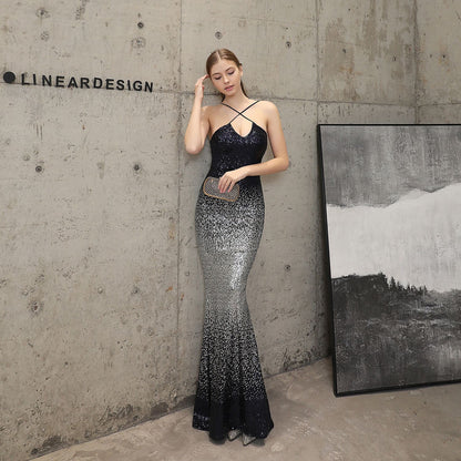 Sequined Evening Party Dress Long Cocktail Slim Fit Fishtail Elegant Socialite Party Annual Meeting Host