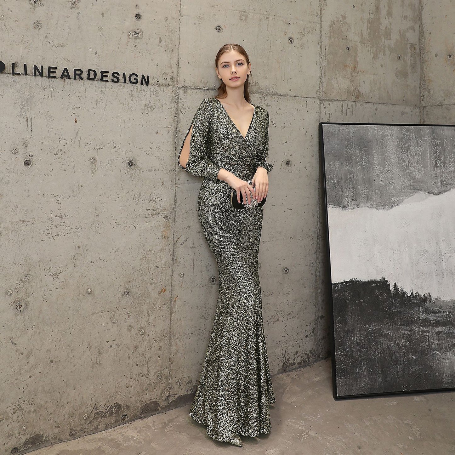 Robe de soirée élégante à manches longues et paillettes pour cocktail