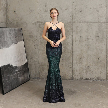 Sequined Evening Party Dress Long Cocktail Slim Fit Fishtail Elegant Socialite Party Annual Meeting Host