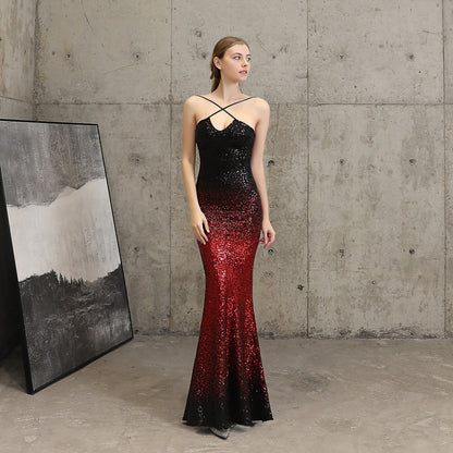 Sequined Evening Party Dress Long Cocktail Slim Fit Fishtail Elegant Socialite Party Annual Meeting Host