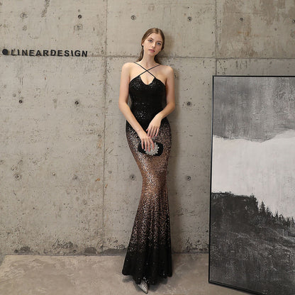 Sequined Evening Party Dress Long Cocktail Slim Fit Fishtail Elegant Socialite Party Annual Meeting Host