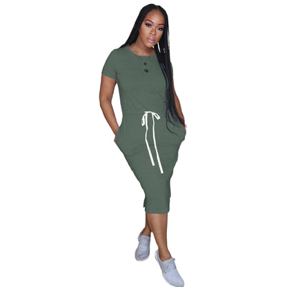 Dress Basic Elastic Waist Short Sleeve Solid Color T shirt Midi Dress