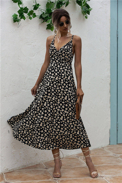 Summer Little Daisy Printed Floral Sexy Backless Lace up Bow Dress