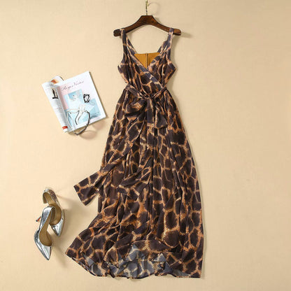 Summer Coffee Color Printed Bandeau Sling Belt Silk Scarf Slim Fit Large Swing Dress