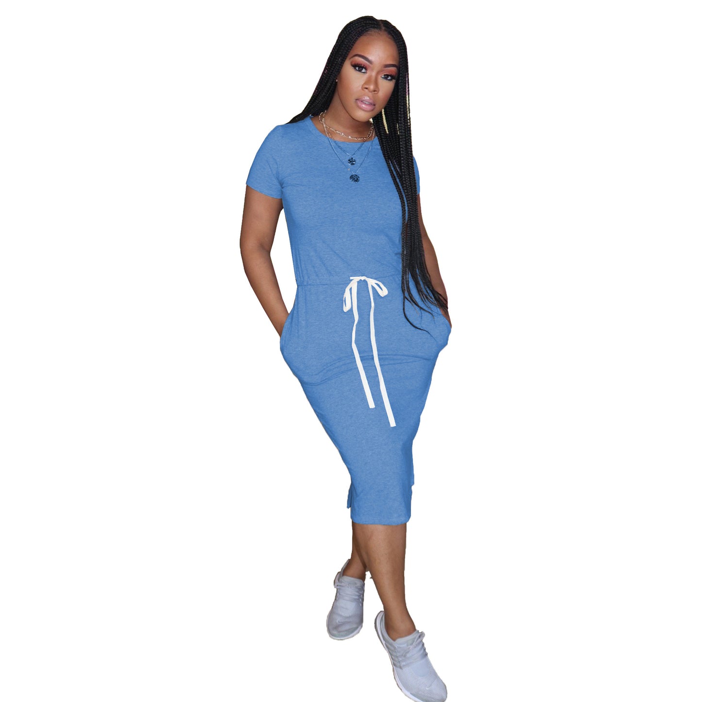 Dress Basic Elastic Waist Short Sleeve Solid Color T shirt Midi Dress