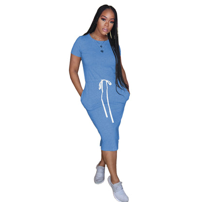 Dress Basic Elastic Waist Short Sleeve Solid Color T shirt Midi Dress