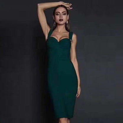 Green Bandage One-Piece Dress Lady Sexy Sleeveless Spaghetti Strap Red Evening Party Performance Dress