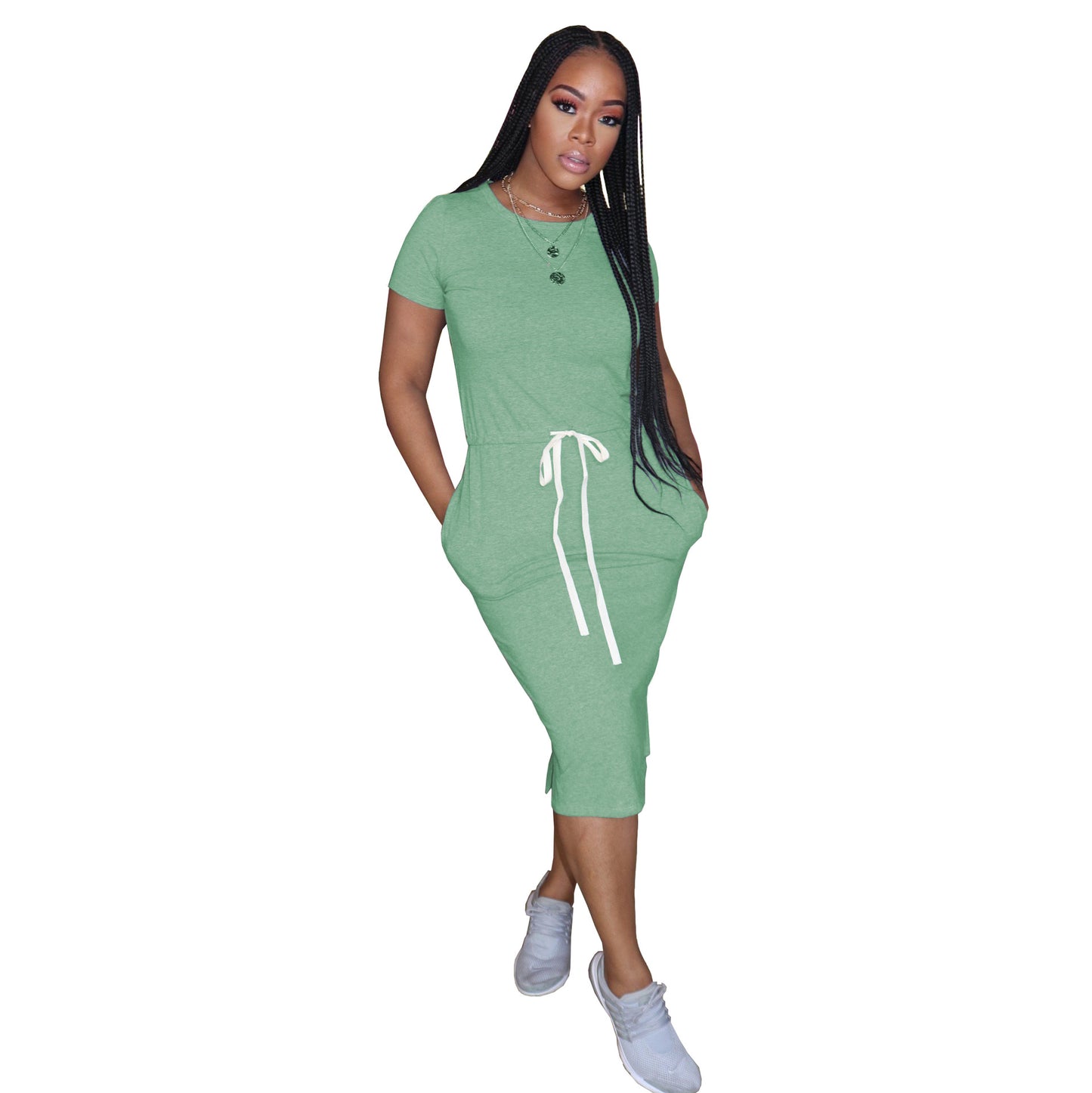 Dress Basic Elastic Waist Short Sleeve Solid Color T shirt Midi Dress