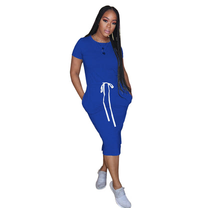 Dress Basic Elastic Waist Short Sleeve Solid Color T shirt Midi Dress