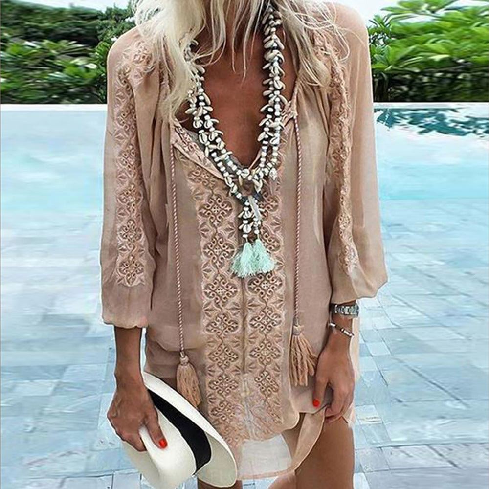 Chiffon Stitching Long Sleeve Loose Top Chiffon Dress