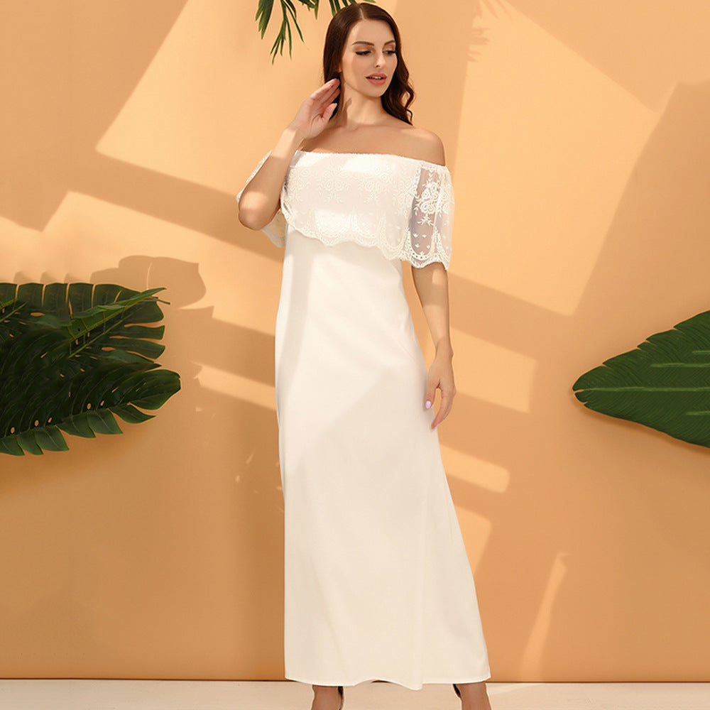 Vestido de verano elegante blanco de cintura alta sin espalda con hombros descubiertos de ganchillo con recortes y encaje