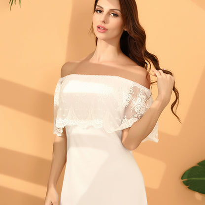 Vestido de verano elegante blanco de cintura alta sin espalda con hombros descubiertos de ganchillo con recortes y encaje