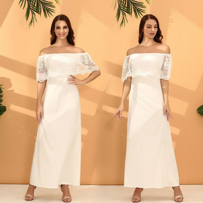 Vestido de verano elegante blanco de cintura alta sin espalda con hombros descubiertos de ganchillo con recortes y encaje