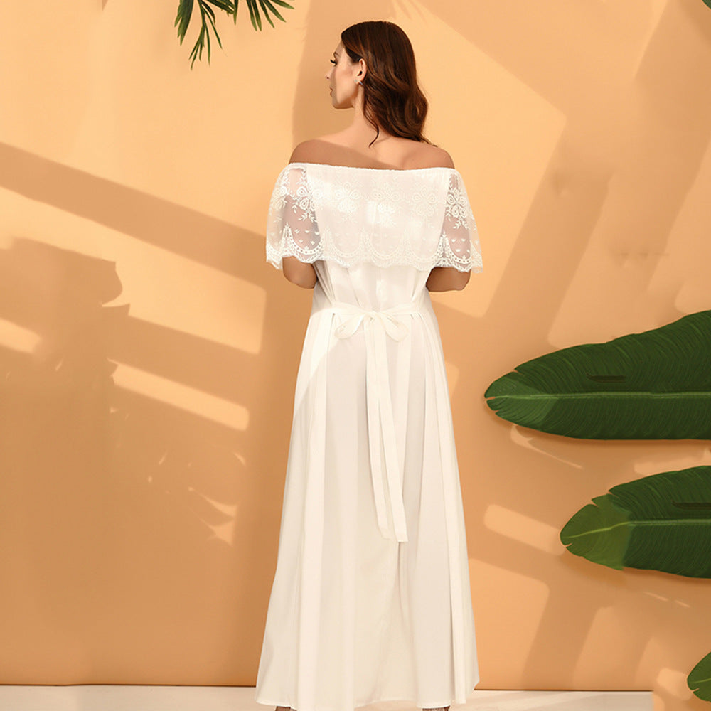 Vestido de verano elegante blanco de cintura alta sin espalda con hombros descubiertos de ganchillo con recortes y encaje