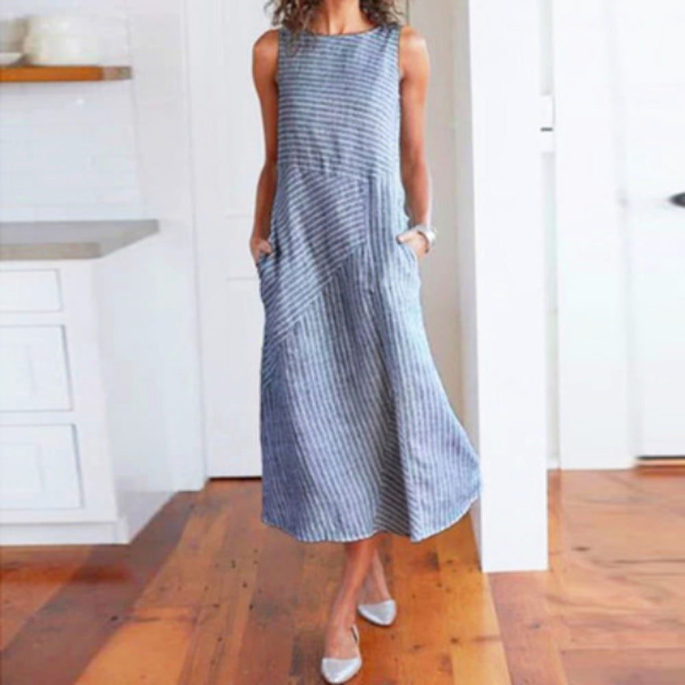 Robe Slim Rayée à Col Rond sans Manches de Grande Taille