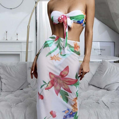 Bikini estampado Traje de baño sexy Conjunto de tres piezas para mujer Falda de tul