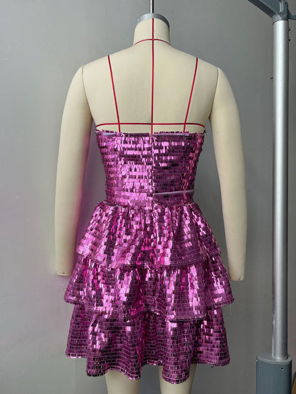 Women's Hollow Pleated Bow Square Sequins Dress