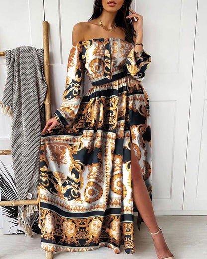 Evening Dress Printed Dress V-neck Pullover Retro Long Sleeve Big Hem Split Dress