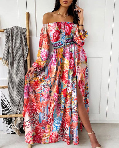 Evening Dress Printed Dress V-neck Pullover Retro Long Sleeve Big Hem Split Dress