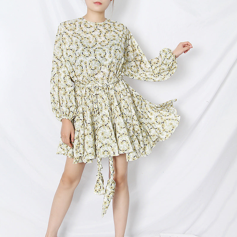 Spring Vintage Printed round Neck Puff Sleeve Hand Woven Lace up Short Dress