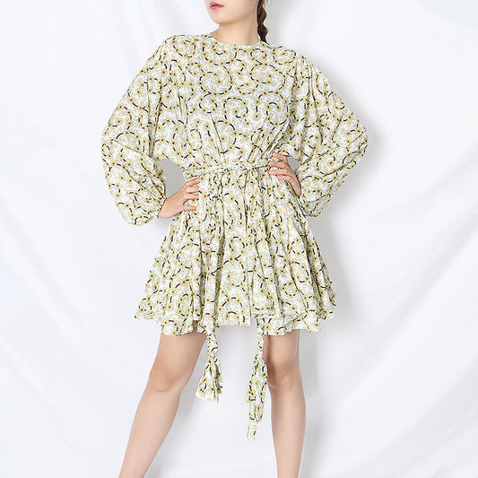 Spring Vintage Printed round Neck Puff Sleeve Hand Woven Lace up Short Dress