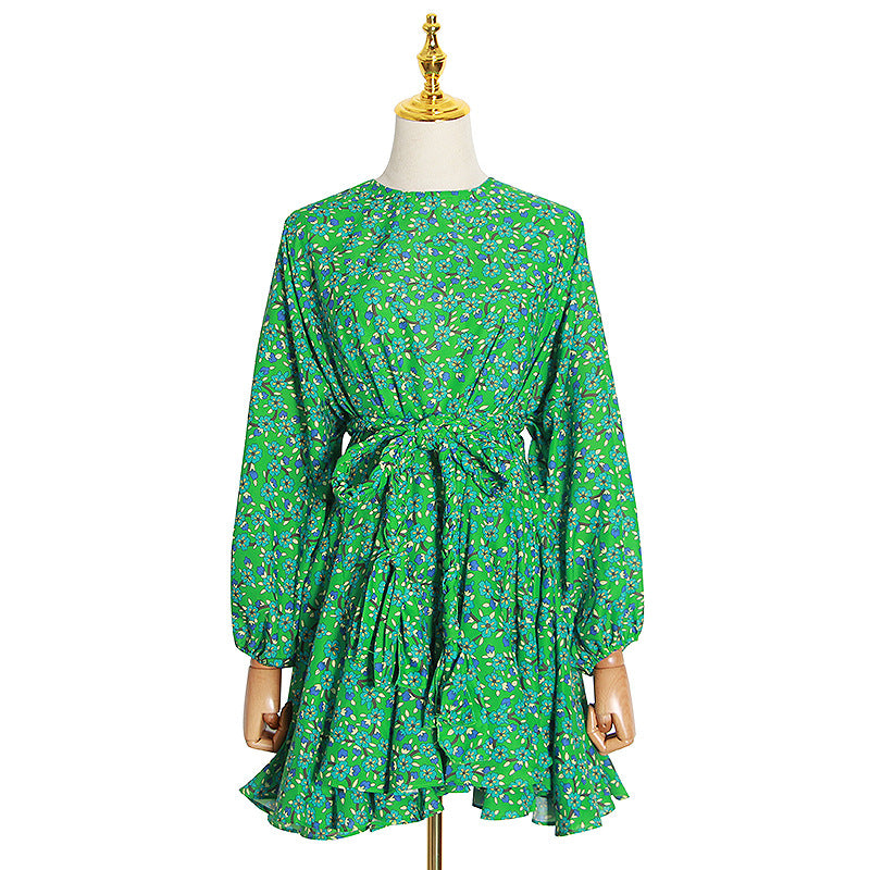 Robe courte à lacets tissée à la main à manches bouffantes et à col rond imprimé vintage de printemps