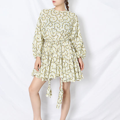 Spring Vintage Printed round Neck Puff Sleeve Hand Woven Lace up Short Dress