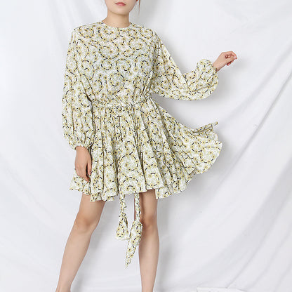 Spring Vintage Printed round Neck Puff Sleeve Hand Woven Lace up Short Dress