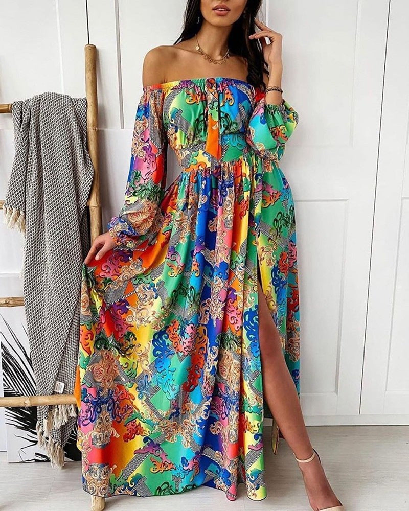 Evening Dress Printed Dress V-neck Pullover Retro Long Sleeve Big Hem Split Dress