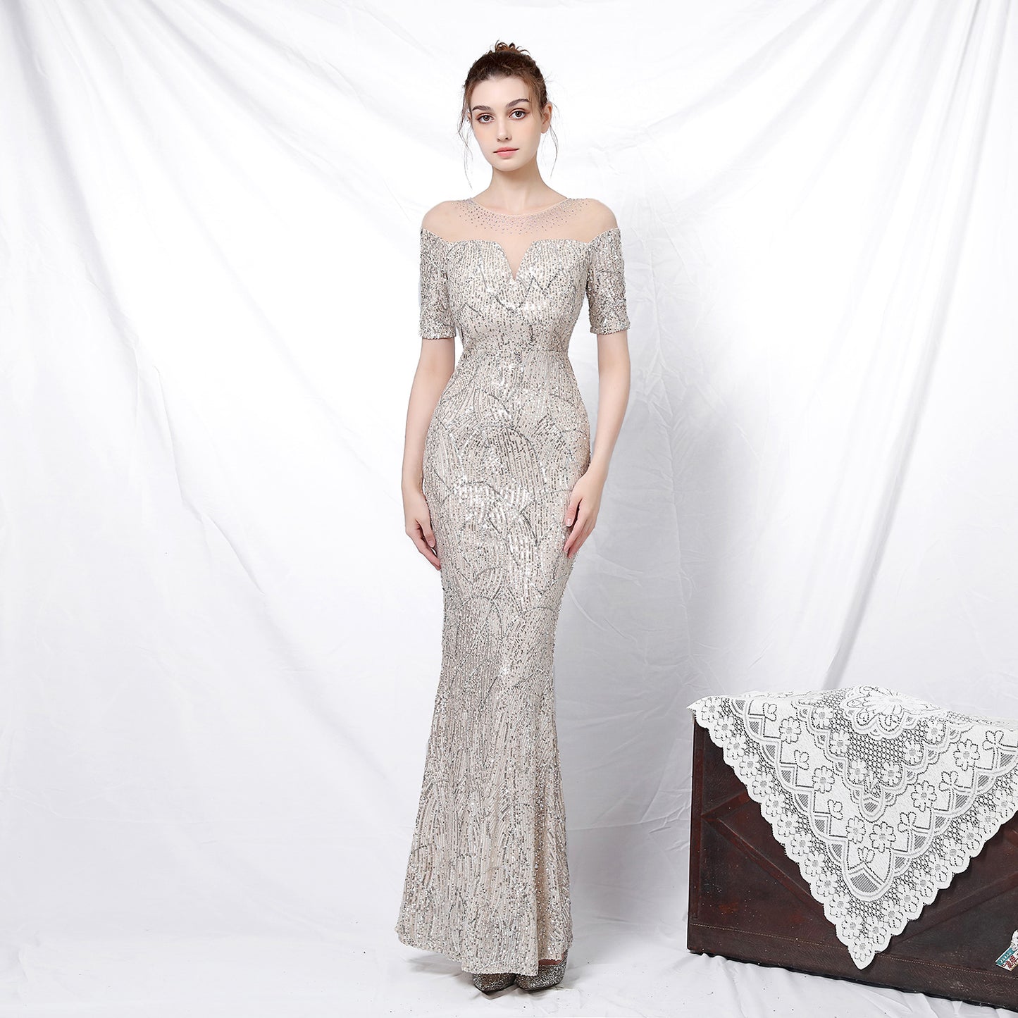 Cocktail Elegant Long With Medium Sleeves Sleeve Sequined Atmosphere Queen Fishtail Evening Dress