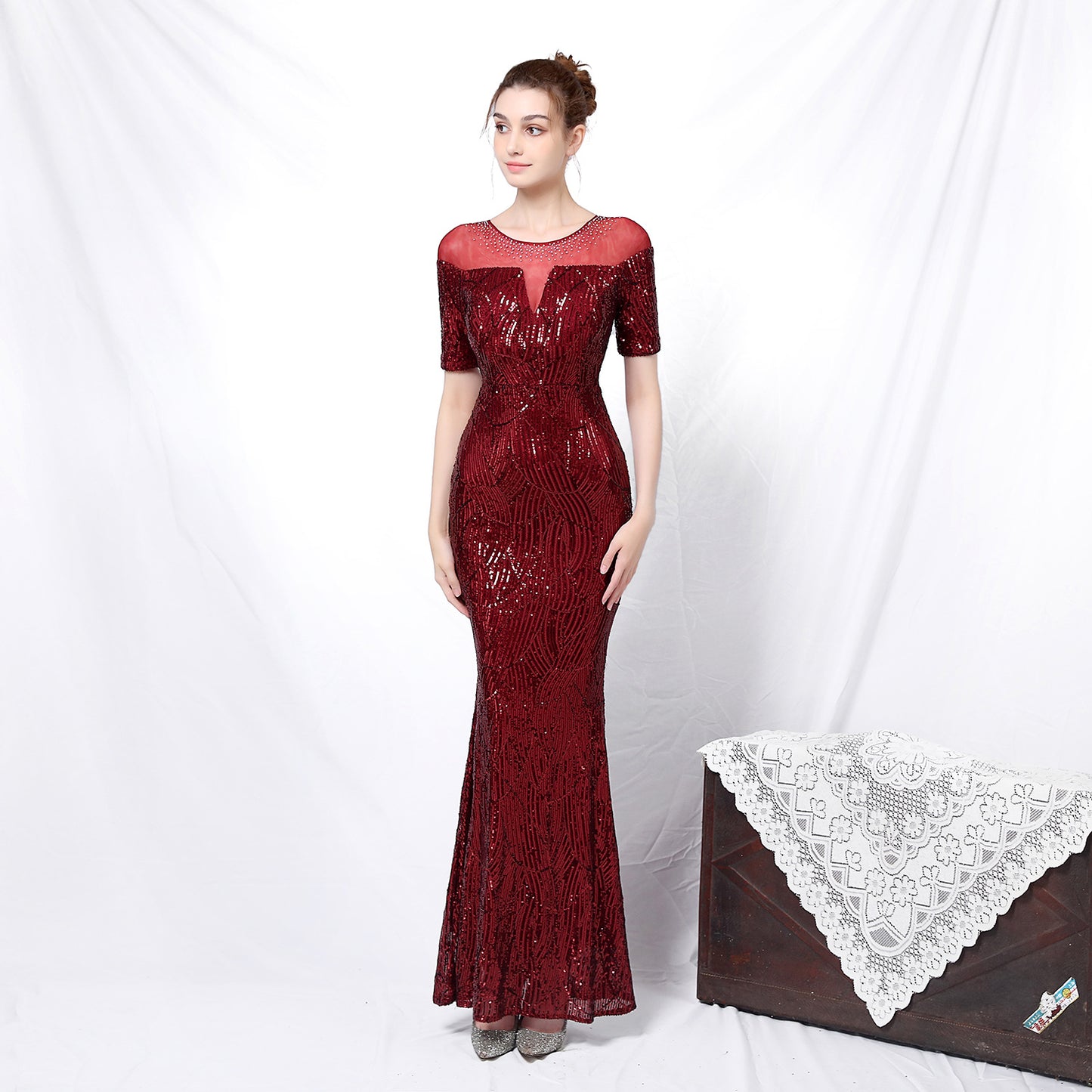 Cocktail Elegant Long With Medium Sleeves Sleeve Sequined Atmosphere Queen Fishtail Evening Dress