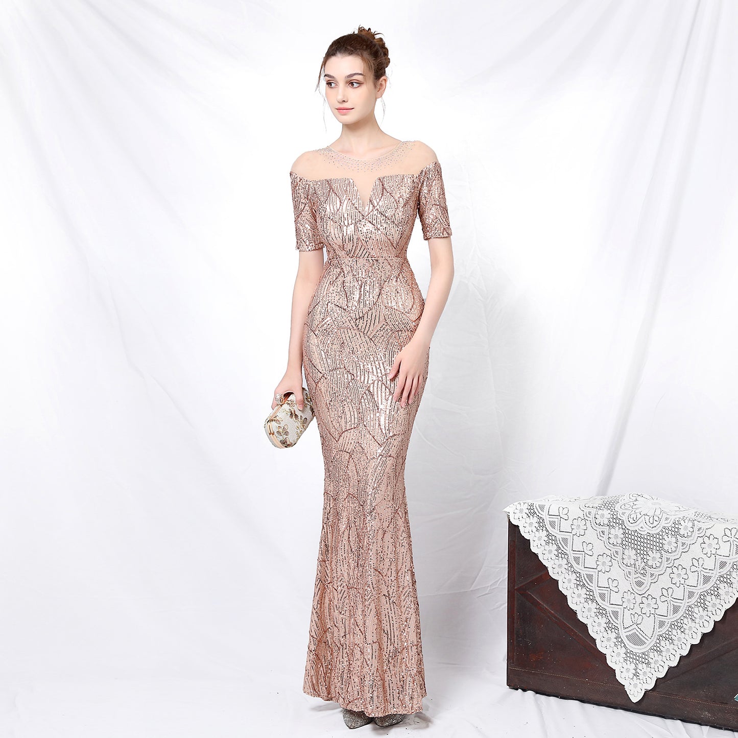 Cocktail Elegant Long With Medium Sleeves Sleeve Sequined Atmosphere Queen Fishtail Evening Dress