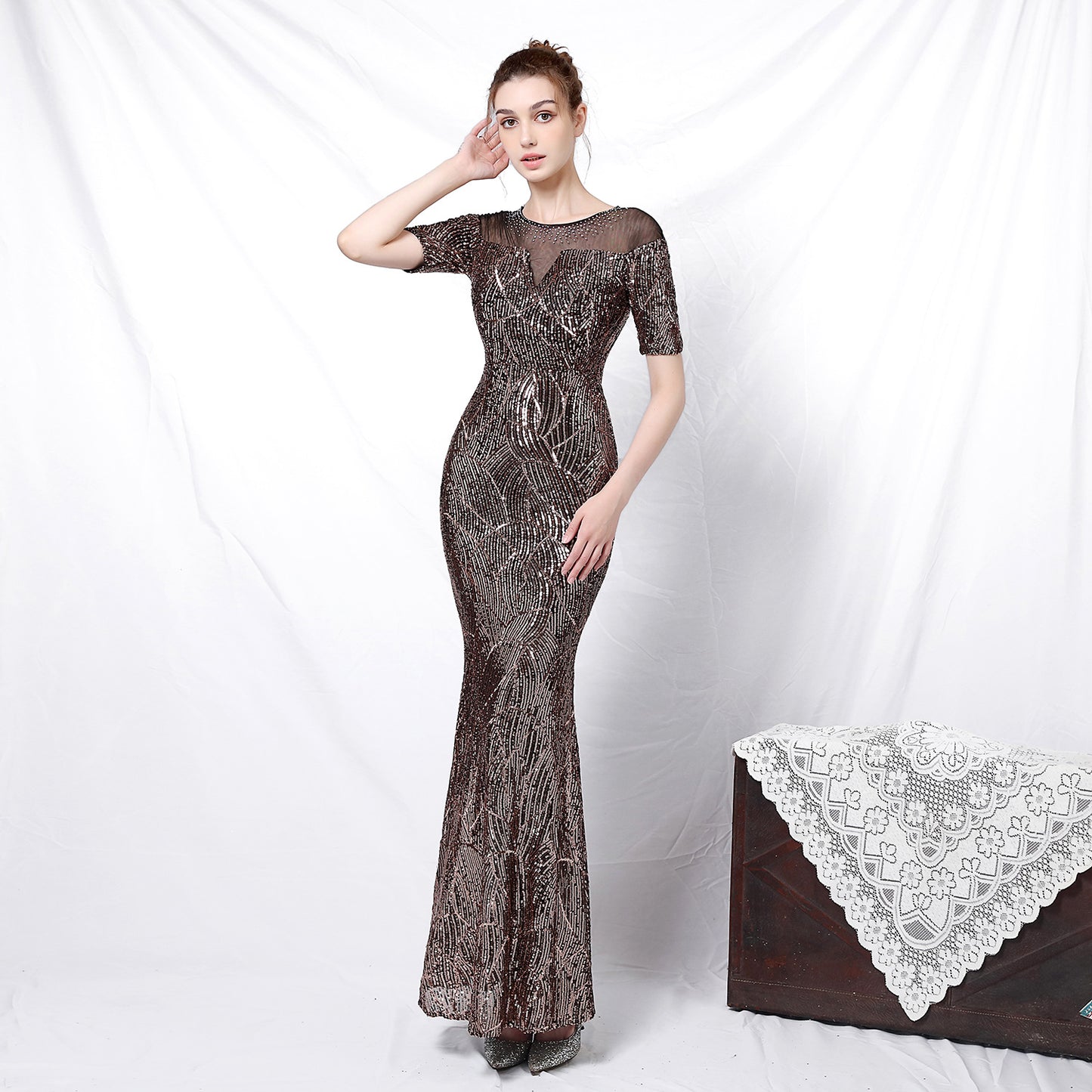 Cocktail Elegant Long With Medium Sleeves Sleeve Sequined Atmosphere Queen Fishtail Evening Dress